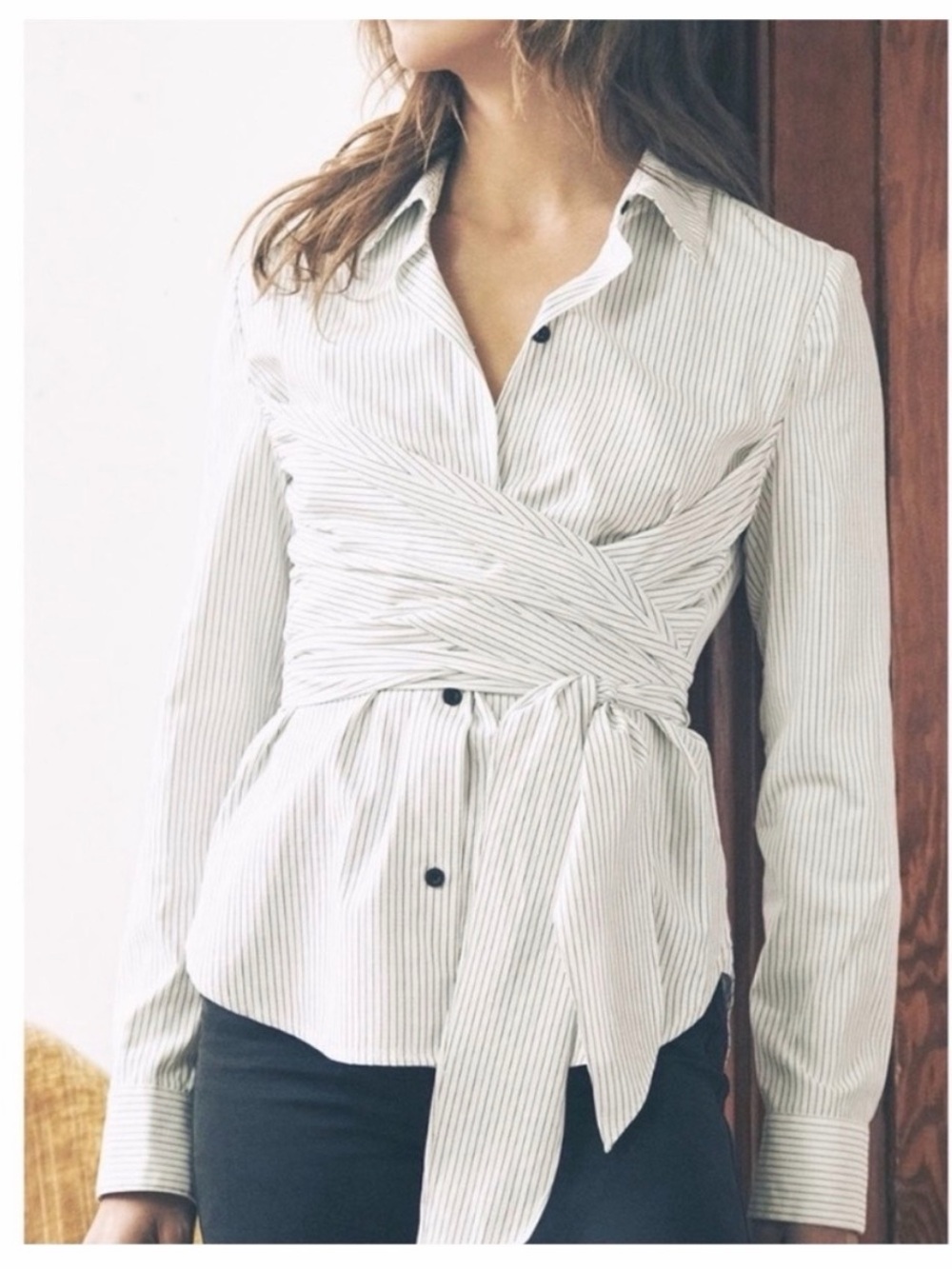 Saylor Renee Button Down Wrap Belt Top Cotton Stripe Size XS